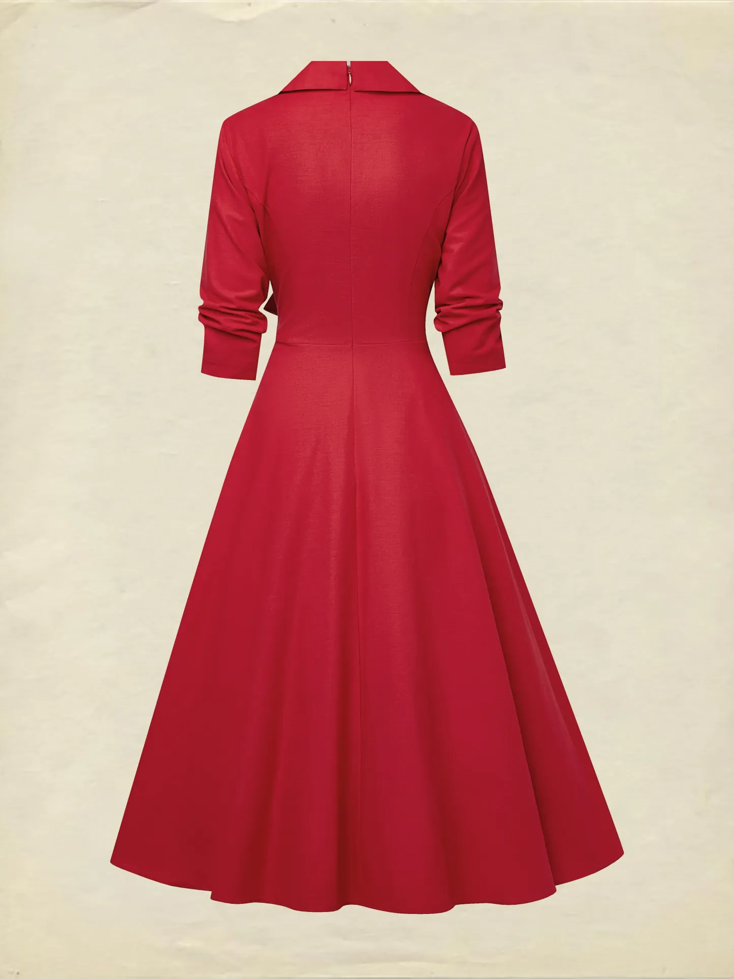 Midi Linen Dress, Half Sleeve, Shawl Collar, Plain, Button Design, French Vintage, Red - Red