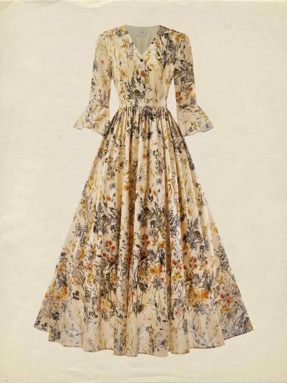 Linen Maxi Dress, Half Sleeve, V neck, Floral, Vintage, Summer - Light Khaki