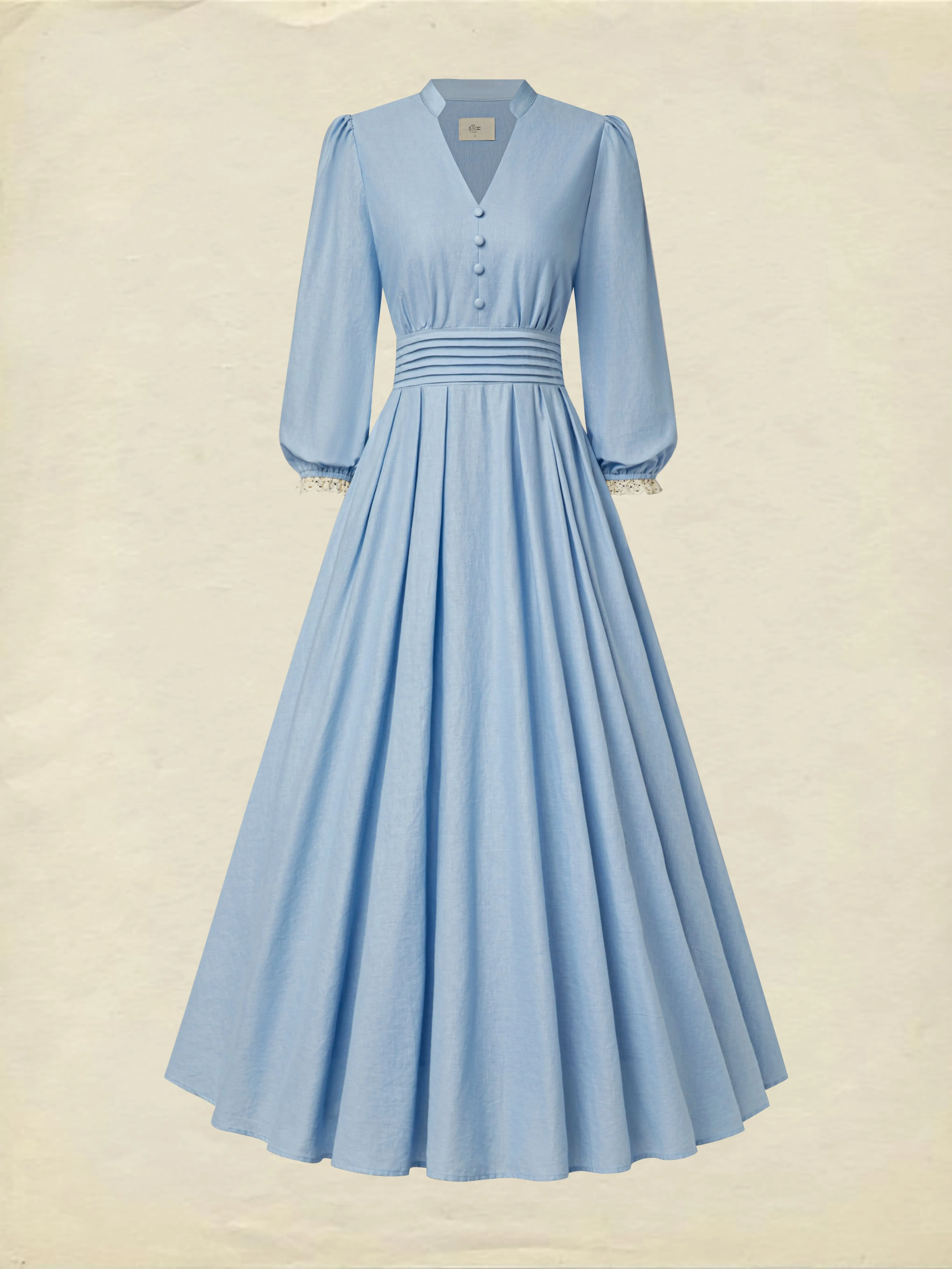 Midi Cotton Dress, Half Sleeve, V Neck, Plain, Lace, Vintage, Blue - Blue