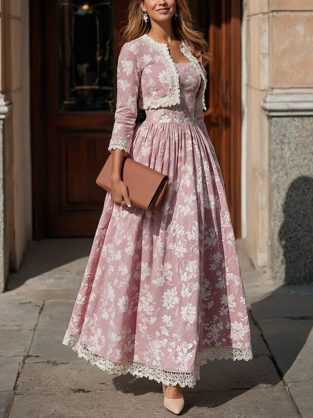 Maxi Linen Dress Set, Half Sleeve, Round Neck, Floral, Lace, Vacation, Vintage, Light Pink - Light Pink