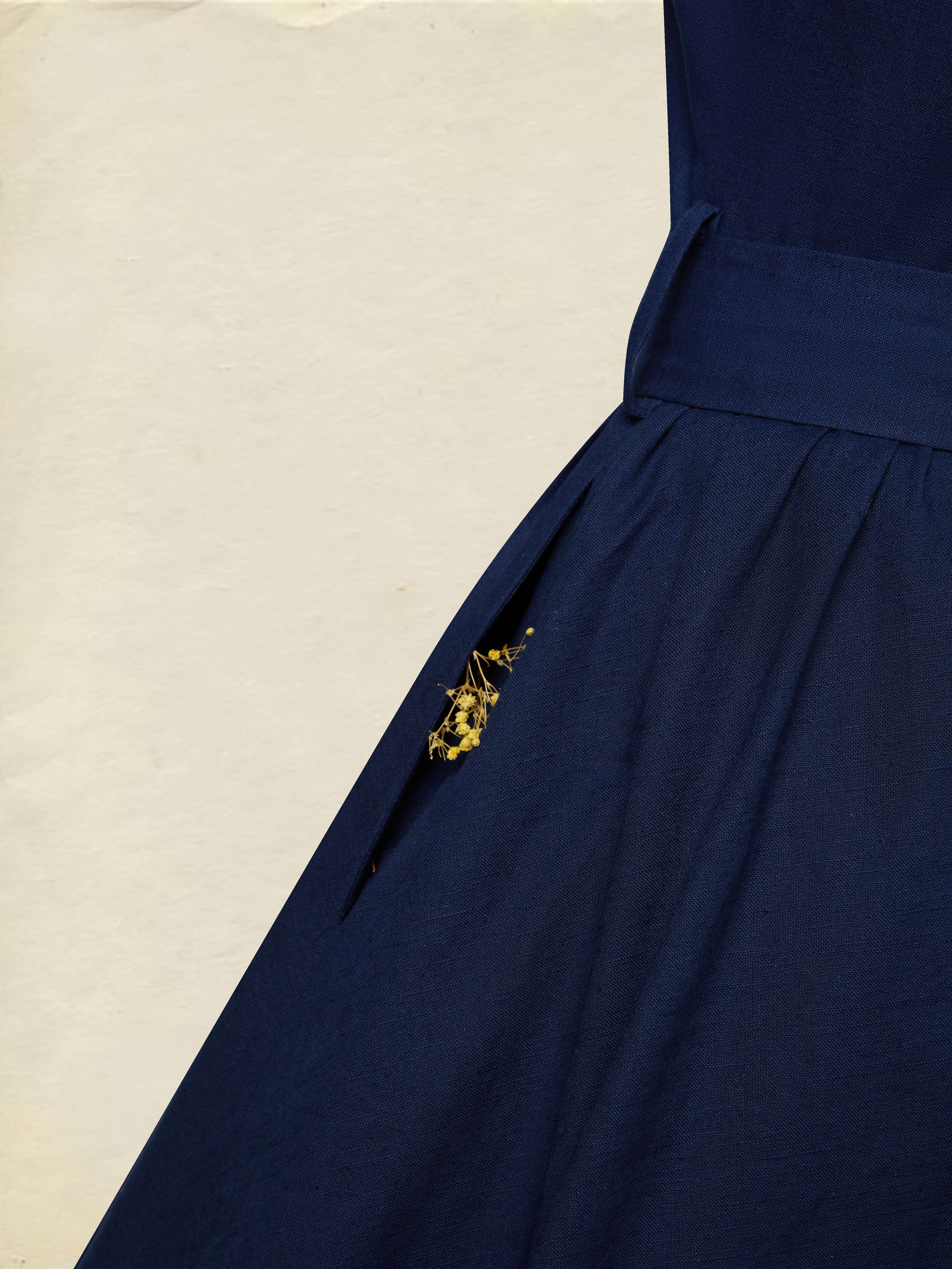 Maxi Cotton Dress, Long Sleeves, Stand Collar, Plain, Belt Design, French Vintage, Blue Purple - Blue Purple