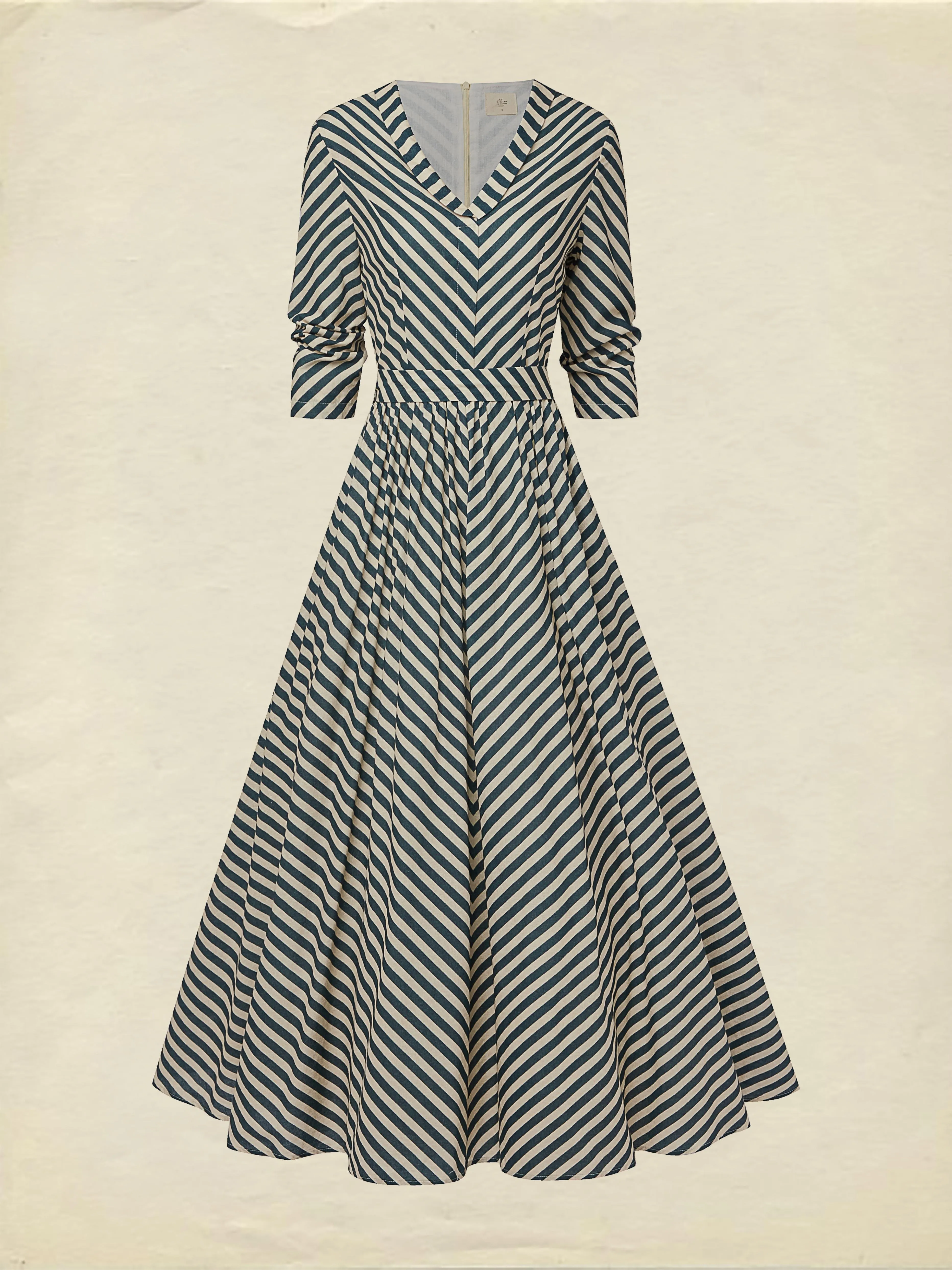 Maxi Cotton Dress, Half Sleeve, V Neck, Striped, French Vintage, Blue - Blue