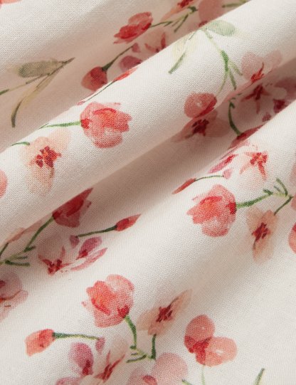 Cotton And Linen Floral Regular Fit Long Sleeve Elegant Dress, Pink - Pink