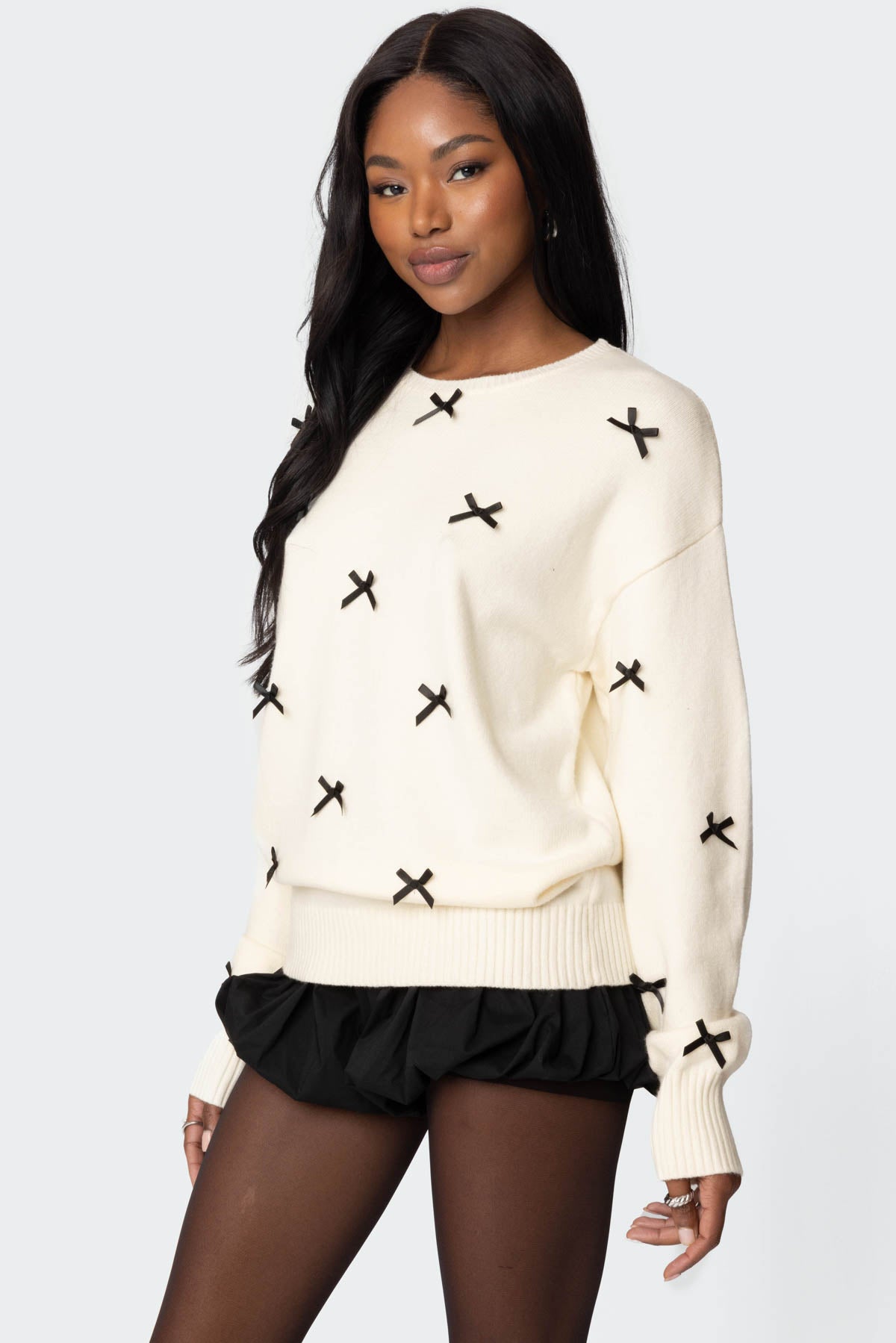 Satin Effect Bow Oversized Sweater - CREAM