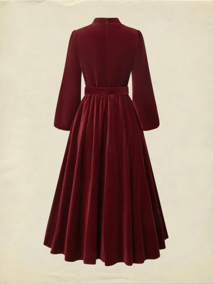 Midi Cotton Dress, Long Sleeves, Stand Collar, Plain, Vintage, Wine Red - Wine Red