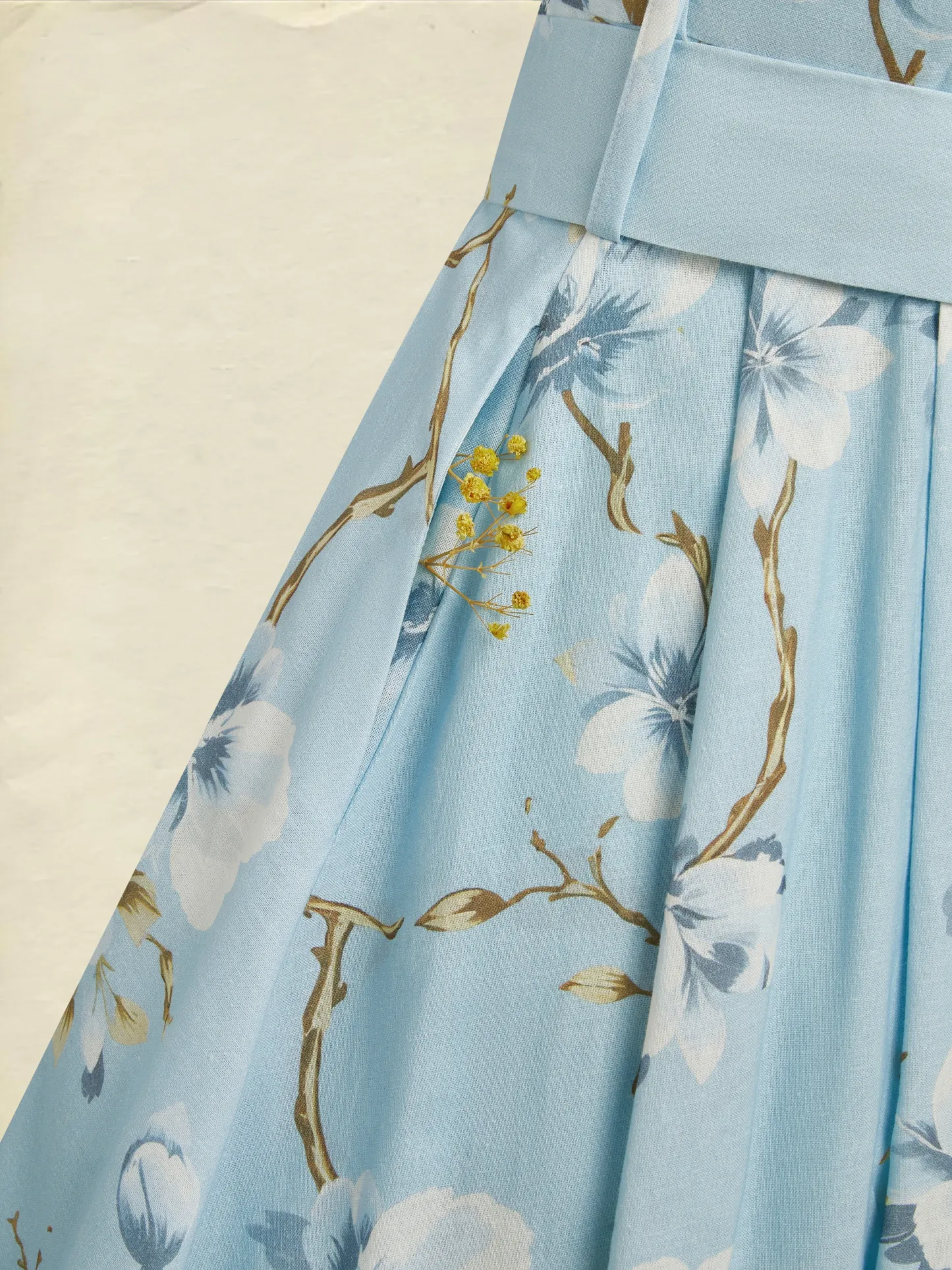 Maxi Linen Dress, Sleeveless, One Shoulder, Floral, Belt Design, Vacation, Vintage, Blue - Blue