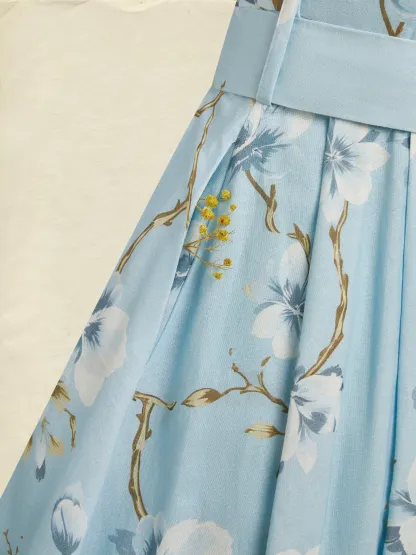 Maxi Linen Dress, Sleeveless, One Shoulder, Floral, Belt Design, Vacation, Vintage, Blue - Blue