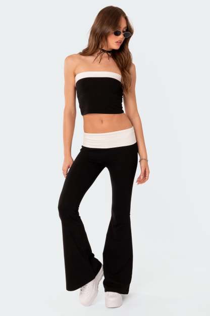 Contrast Fold Over Flared Leggings - BLACK AND WHITE