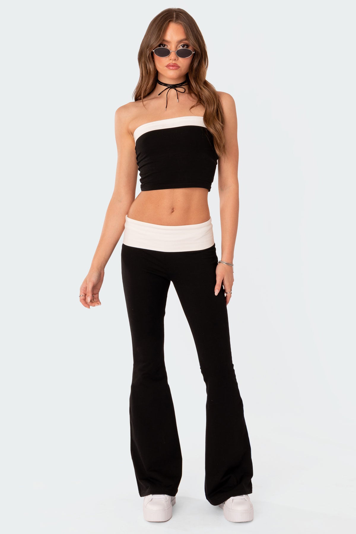 Contrast Fold Over Flared Leggings - BLACK AND WHITE