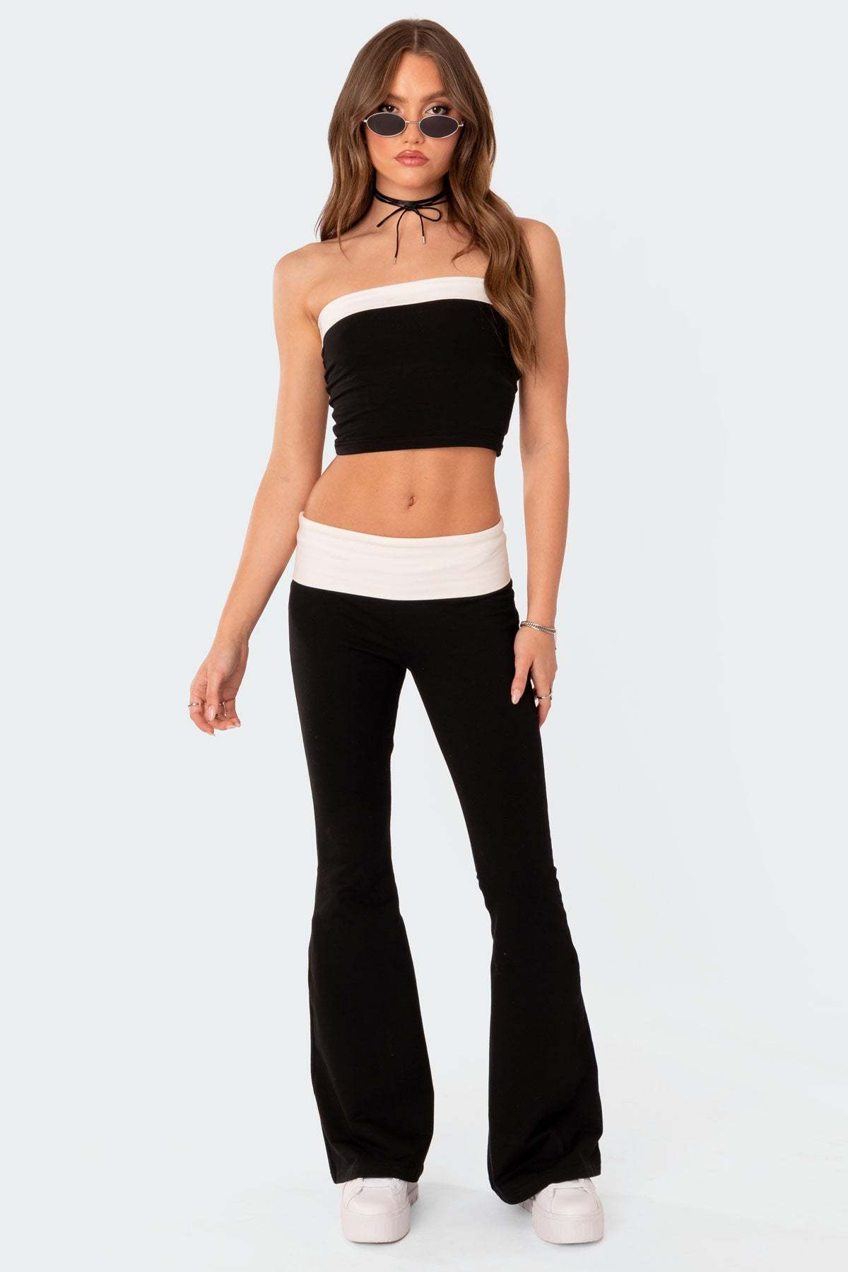 Contrast Fold Over Flared Leggings - BLACK AND WHITE