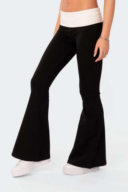Contrast Fold Over Flared Leggings - BLACK AND WHITE