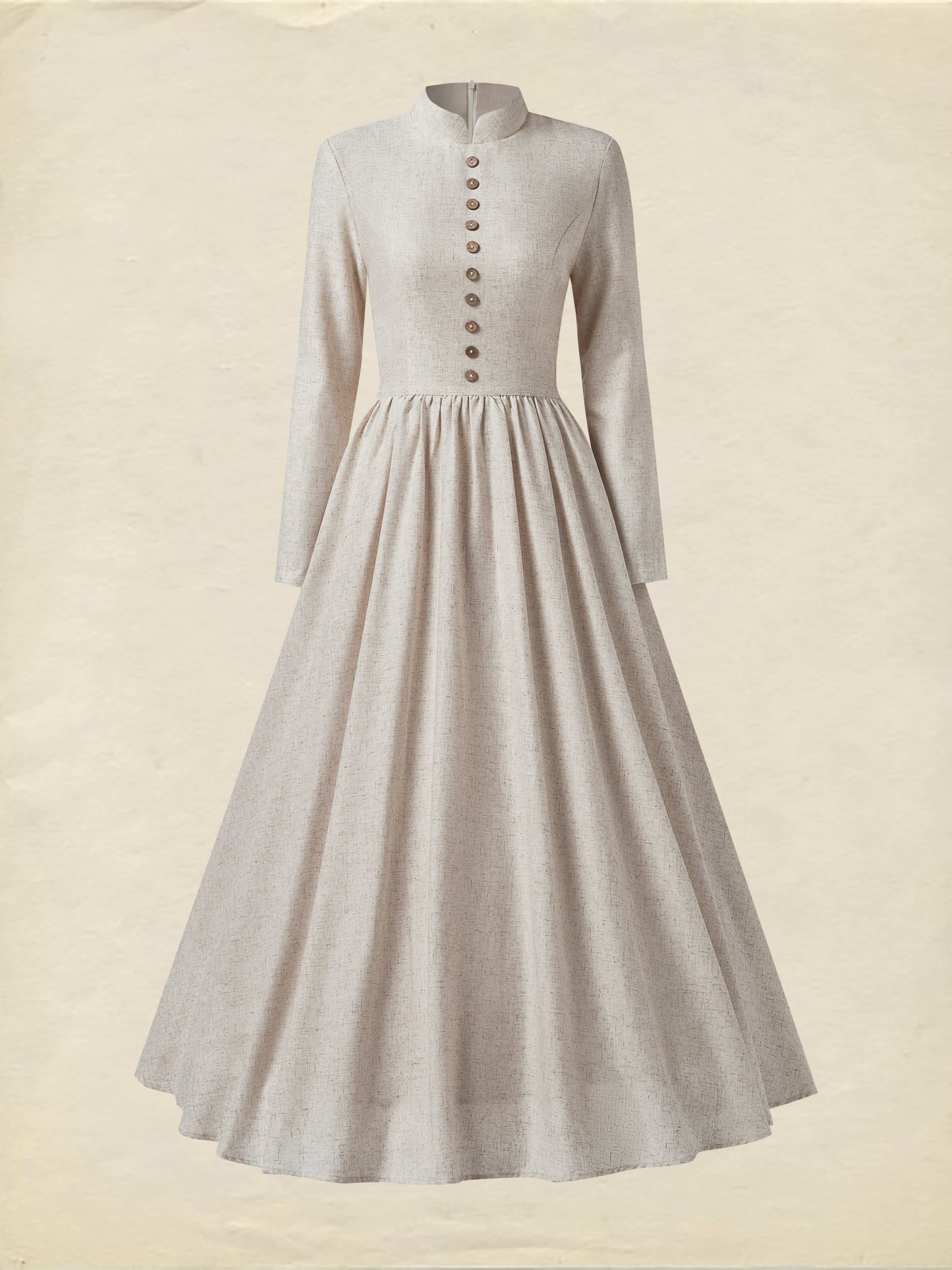 Maxi Linen Dress, Long Sleeve, Stand Collar, Linen Blend, Plain, Vintage, Apricot - Apricot