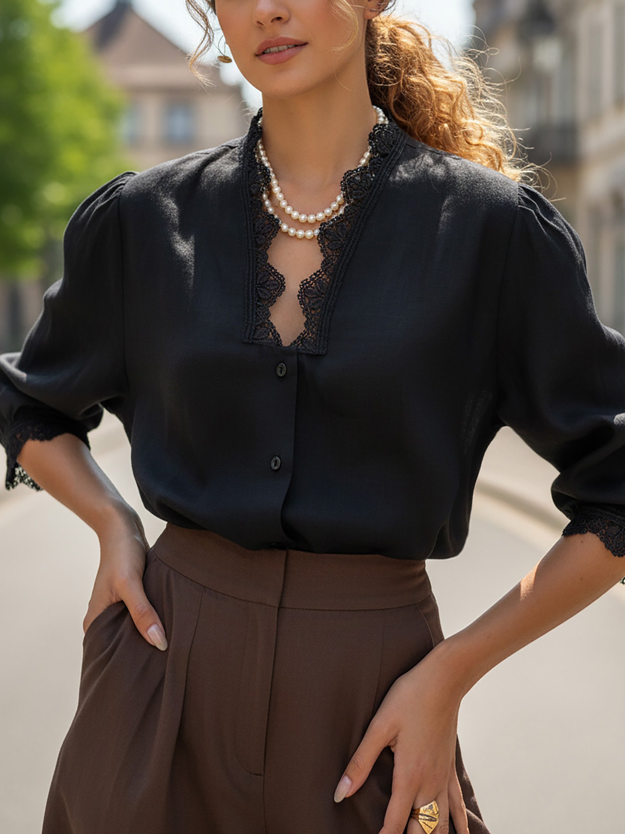 Linen Shirt, Half Sleeve, V Neck, Plain, Lace, French Vintage, Black - Black