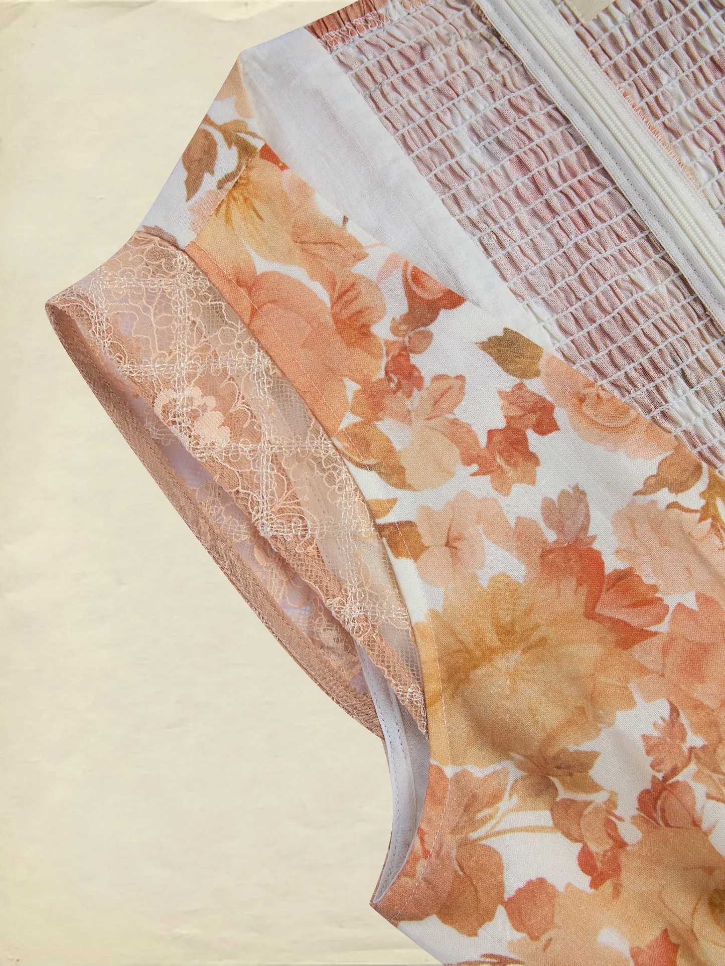 Maxi Linen Dress, Sleeveless, V Neck, Floral, Lace, Vacation, Vintage, Light Orange - Light Orange