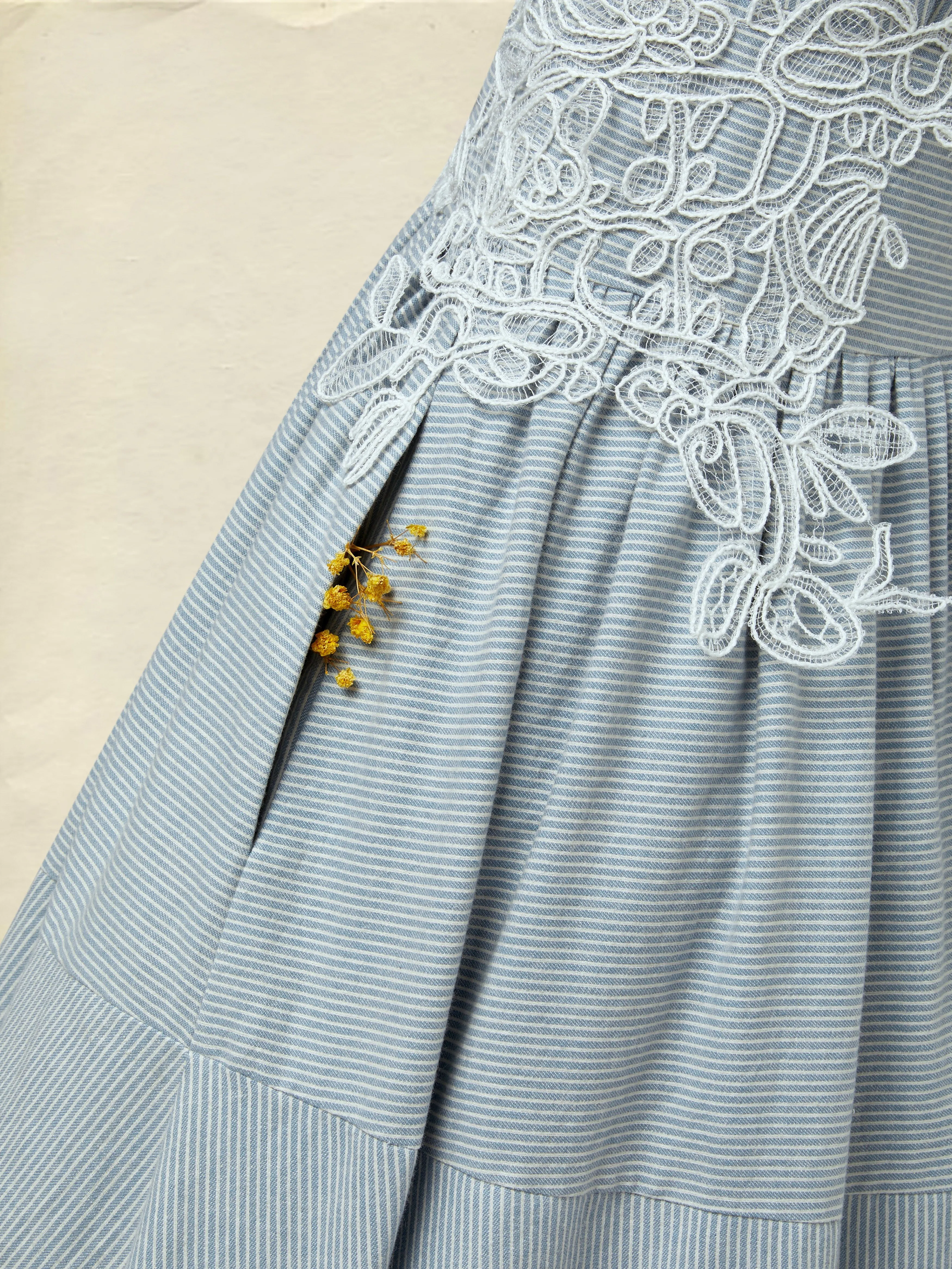 Maxi Cotton Dress, Half Sleeve, V Neck, Plaid, Lace, Vintage, Blue - Blue