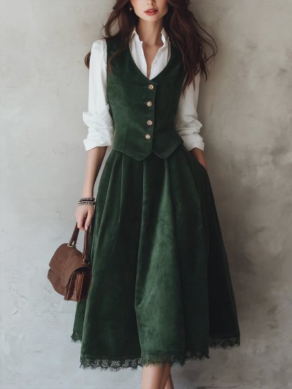 Cotton Vest (Shirt and Skirt Not Included), Sleeveless, V Neck, Plain, Button Design, Vintage, Green - Green