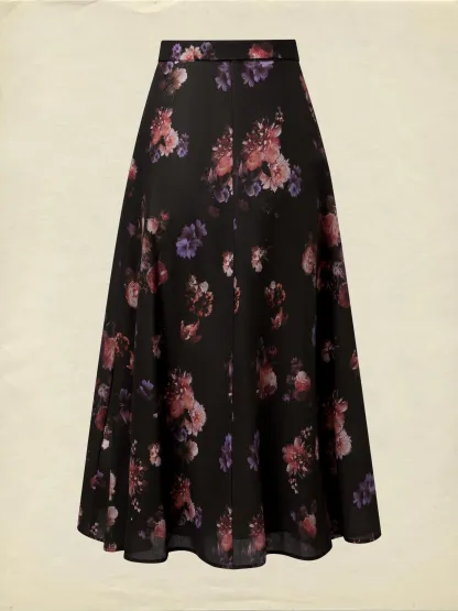 Maxi Cotton Skirt, Floral, Belt Design, Vintage, Black - Black