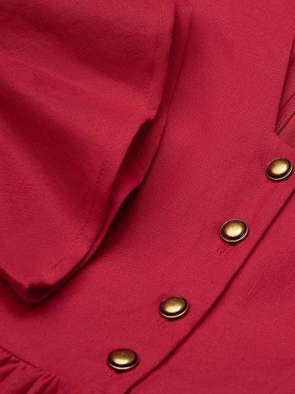 Linen Maxi Dress, 3/4 Sleeve, V Neck, Jane-Inspired Vintage, Tea Party, Linen Blend, Red, Belt - Red