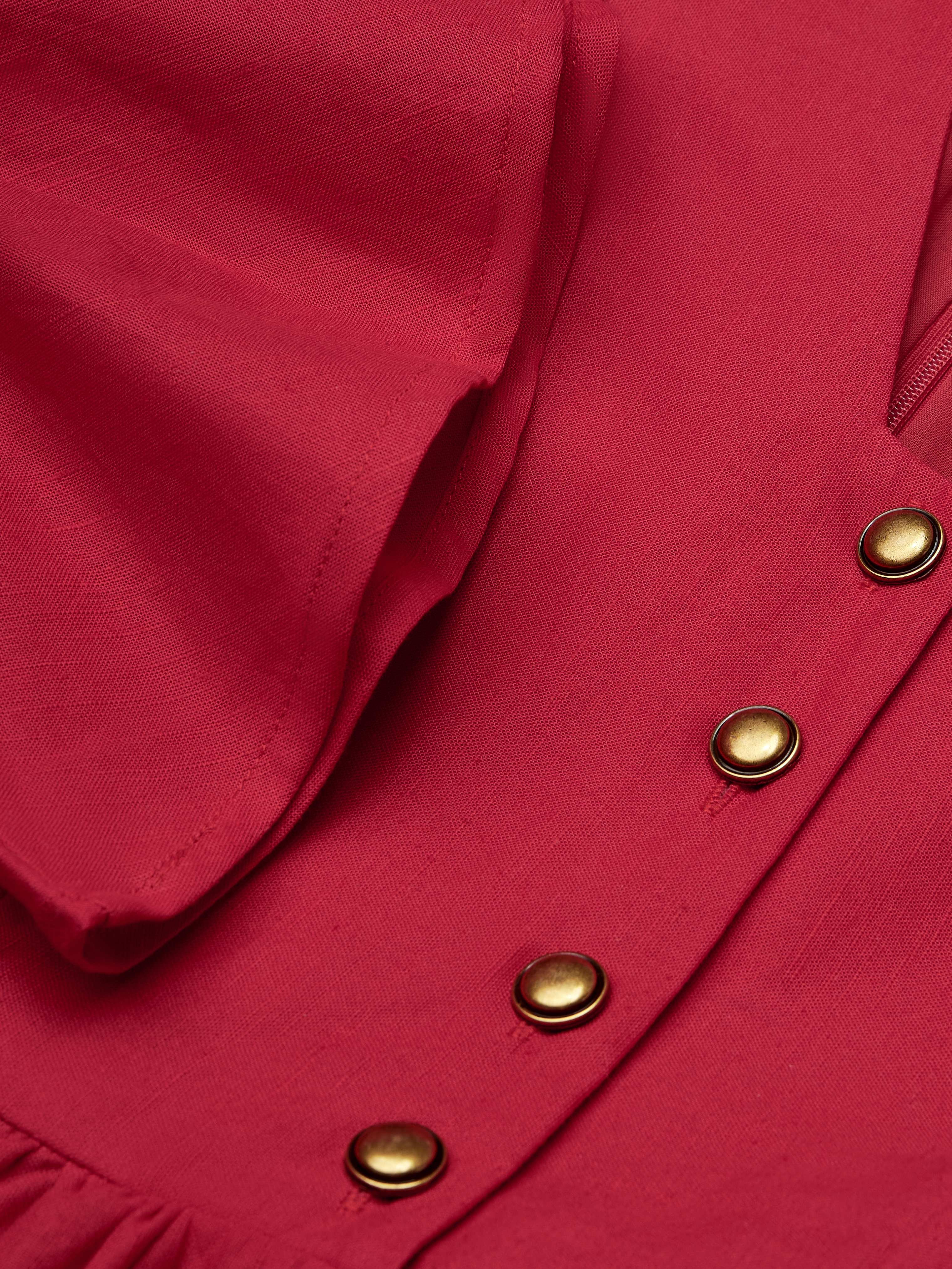 Linen Maxi Dress, 3/4 Sleeve, V Neck, Jane-Inspired Vintage, Tea Party, Linen Blend, Red, Belt - Red