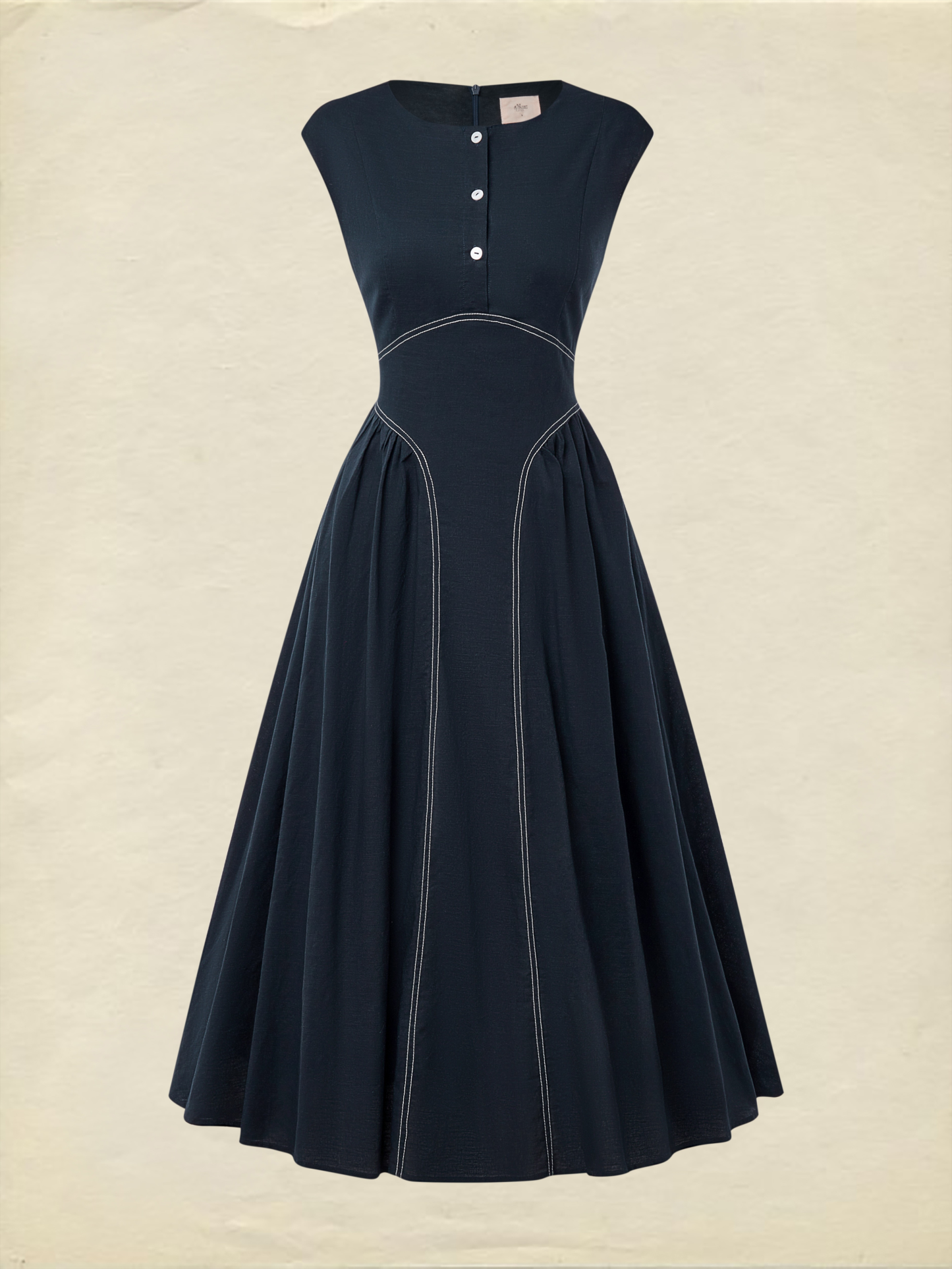 Maxi Linen Dress, Cap Sleeves, Crew Neck, Plain, Pocket Design, French Vintage, Blue - Blue