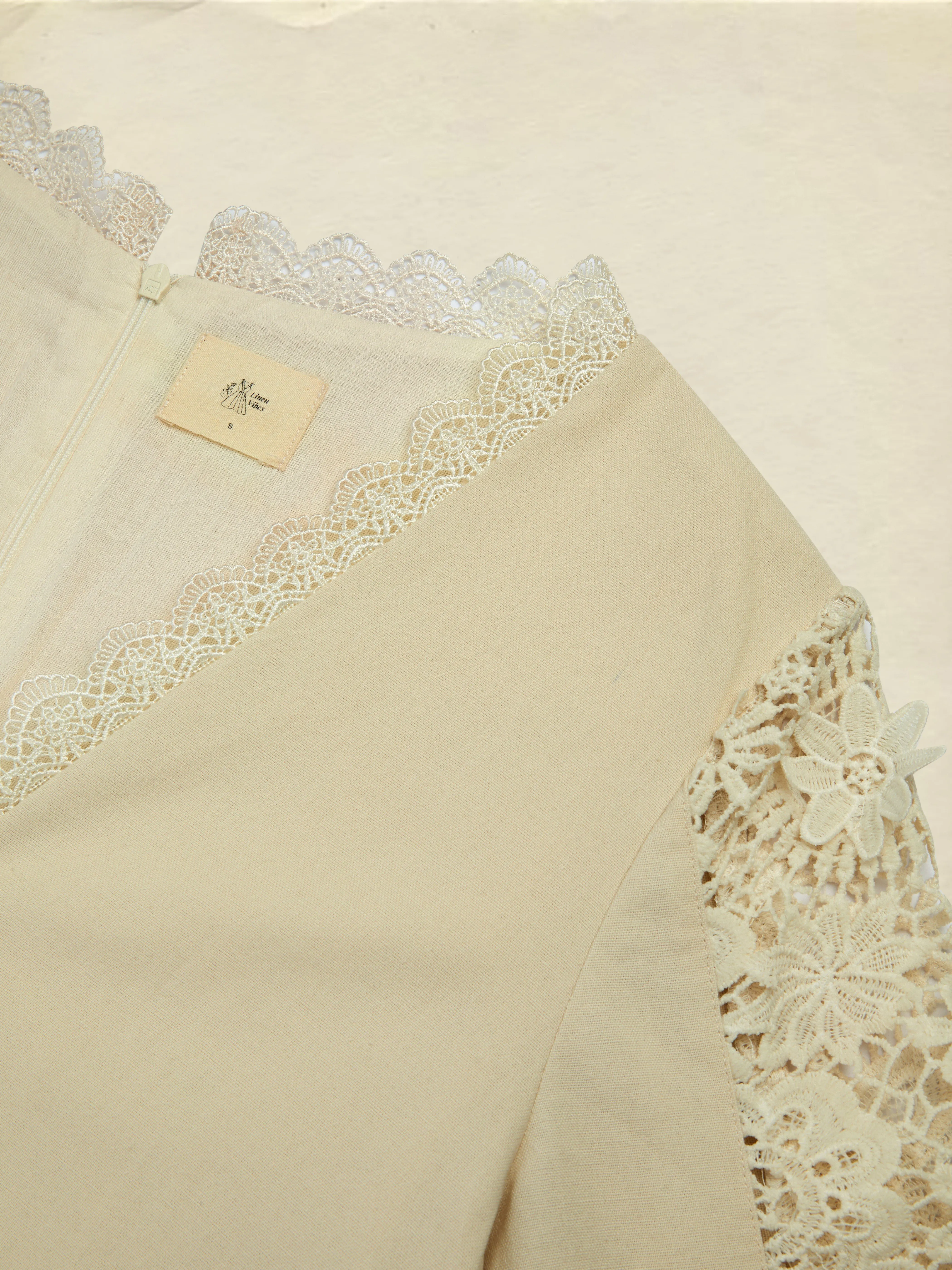 Midi Linen Dress, Long Sleeves, Plain, Lace, French Vintage, Apricot - Apricot