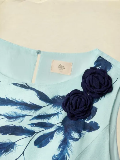 Maxi Linen Dress , Sleeveless, Round Neck, Feather Pattern, Pocket Design, Vintage, Sky Blue - Sky Blue