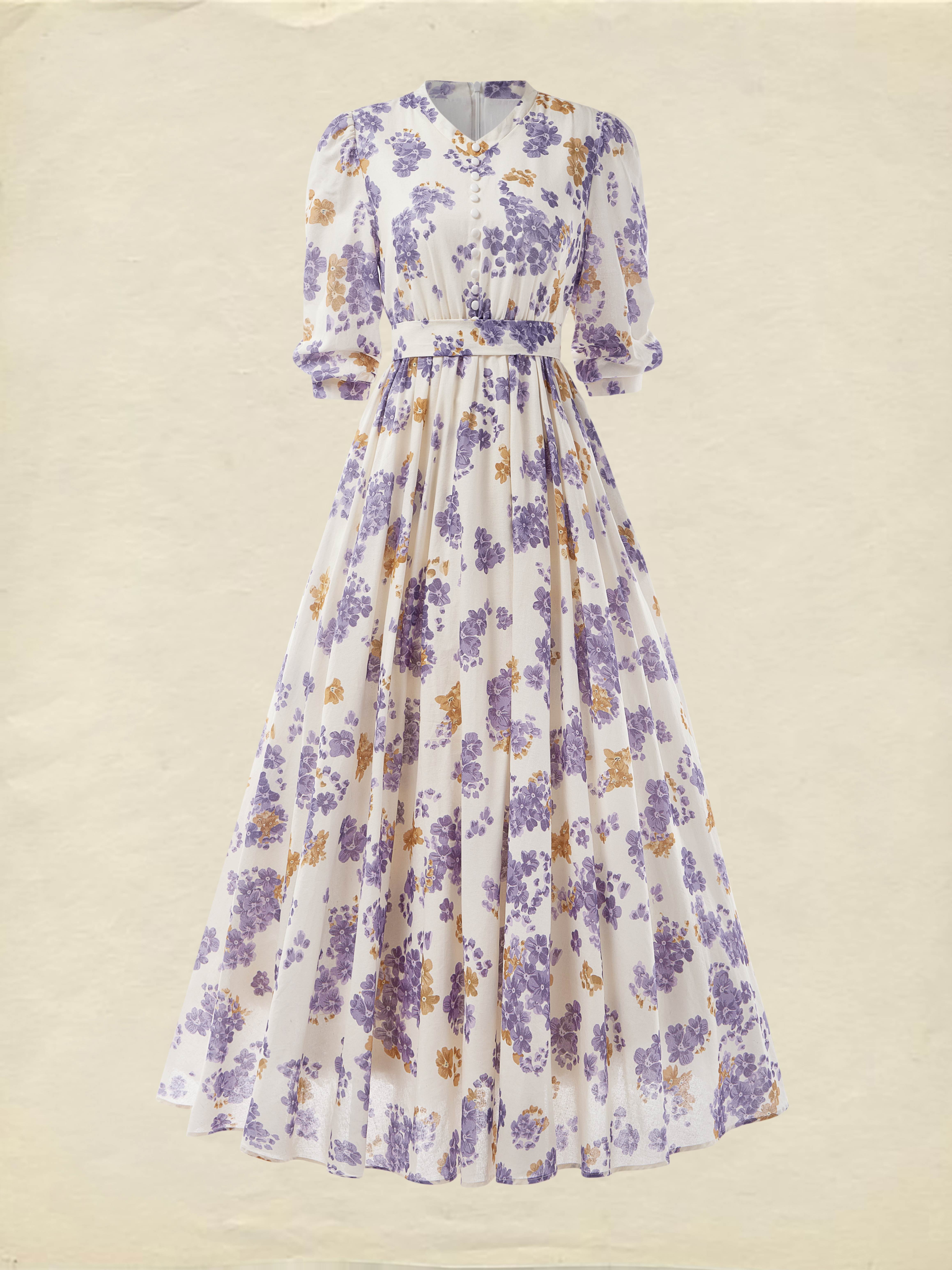 Maxi Linen Dress, Casual, Floral, Pocket Stitching, Crew Neck, Belt, Half Sleeve, Purple, Vintage - Purple