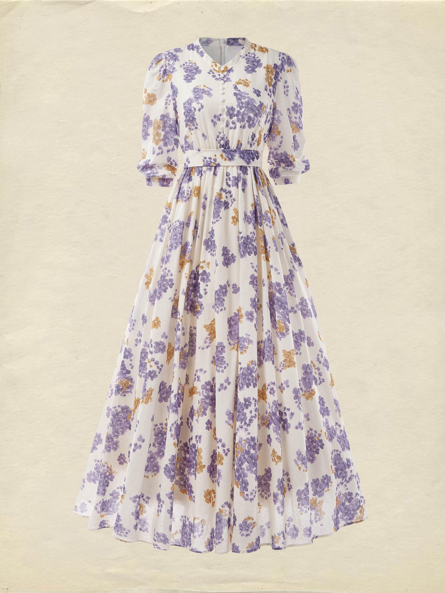 Maxi Linen Dress, Casual, Floral, Pocket Stitching, Crew Neck, Belt, Half Sleeve, Purple, Vintage - Purple