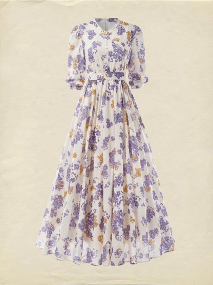 Maxi Linen Dress, Casual, Floral, Pocket Stitching, Crew Neck, Belt, Half Sleeve, Purple, Vintage - Purple