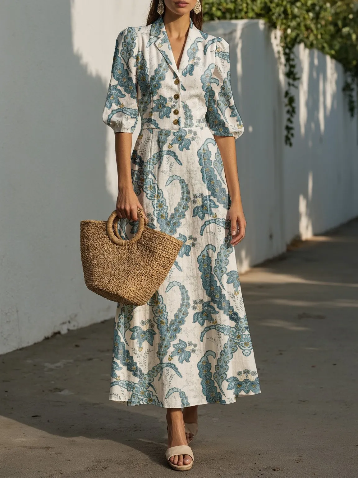 Maxi Linen Dress, Half Sleeve, Shawl Collar, Paisley, Button Design, Vacation, Vintage, White - White