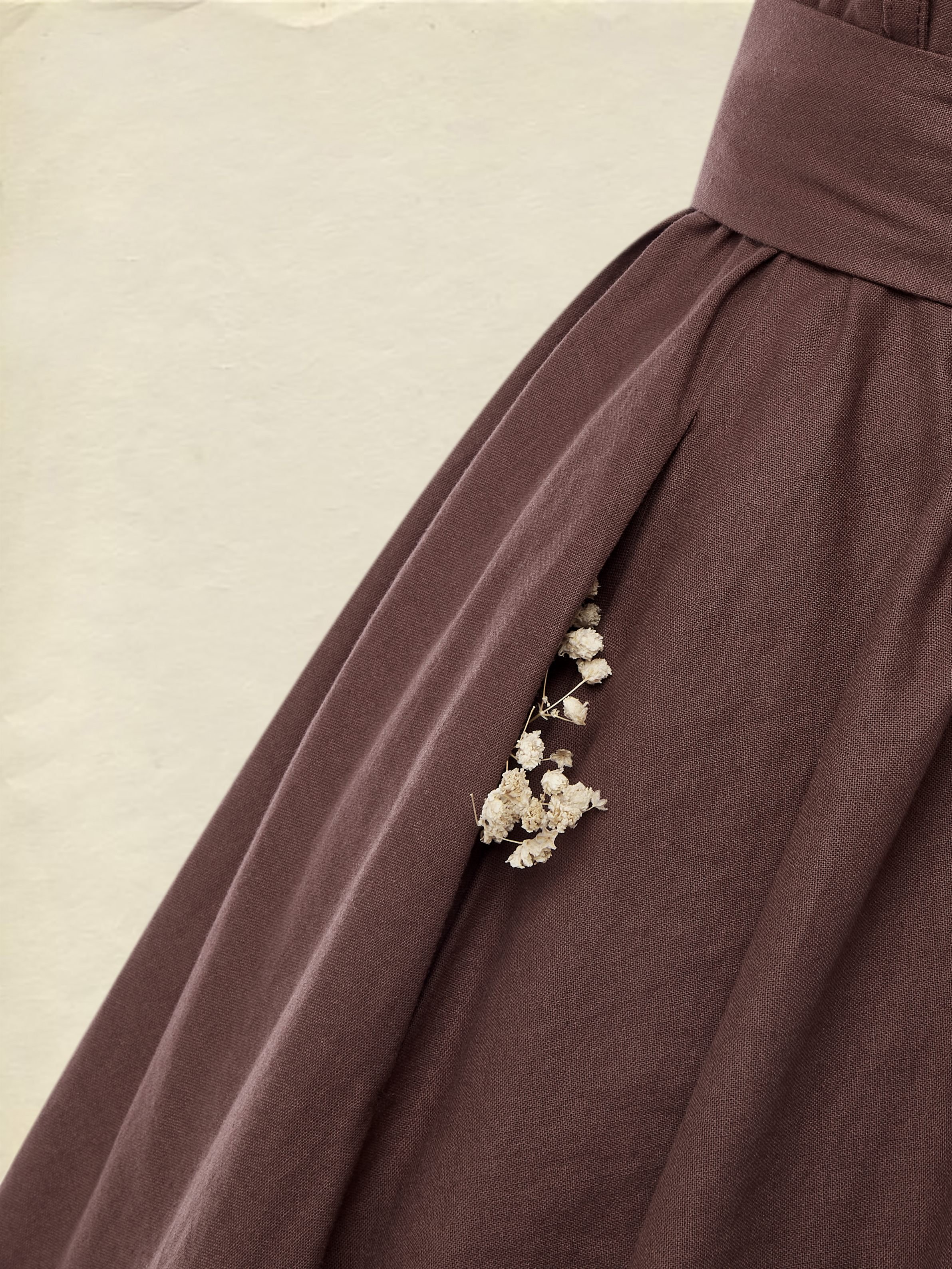 Linen Maxi Dress, Short Sleeve, Lace Collar, Plain, Vintage, CAMEO BROWN - CAMEO BROWN