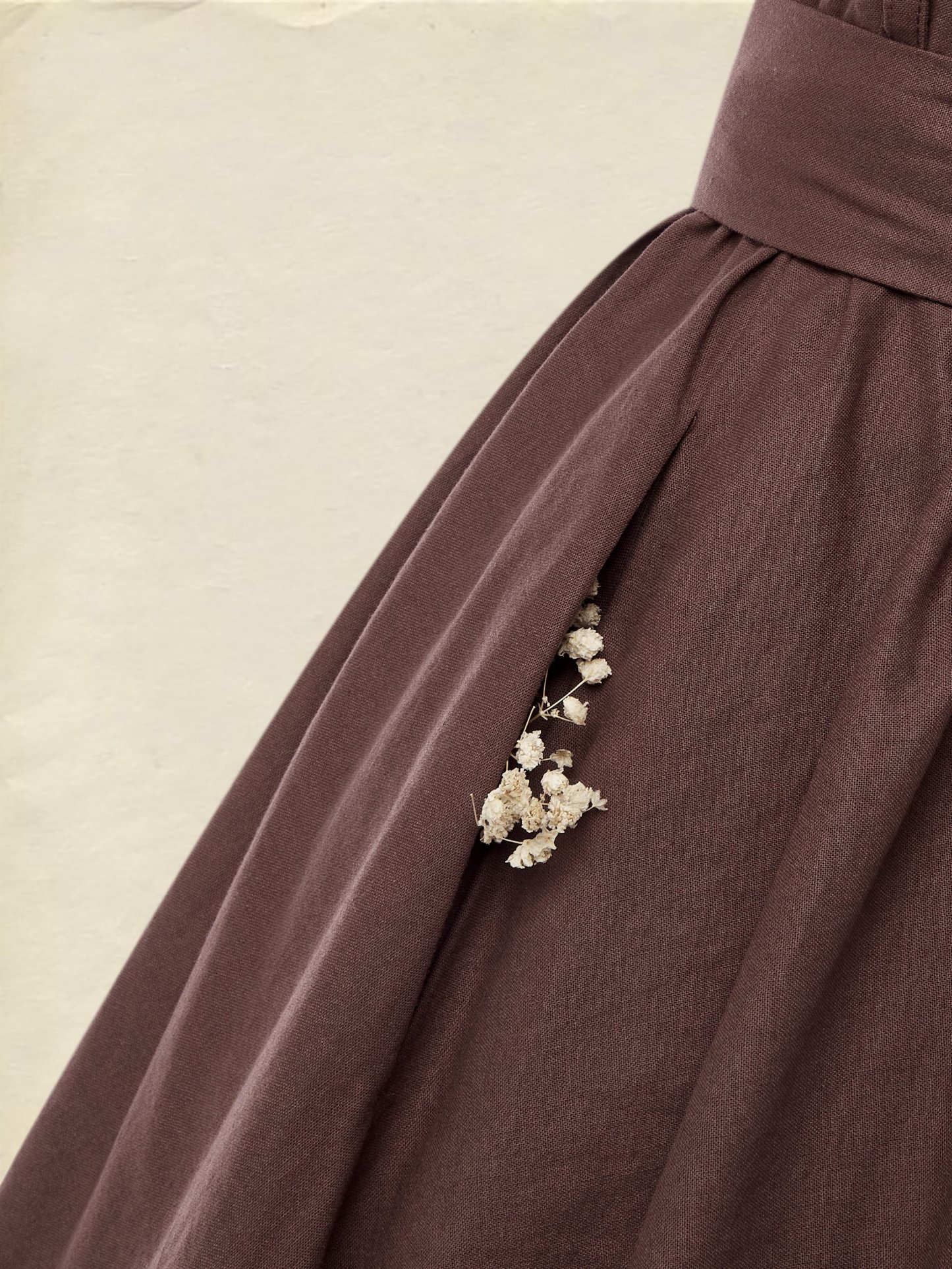 Linen Maxi Dress, Short Sleeve, Lace Collar, Plain, Vintage, CAMEO BROWN - CAMEO BROWN