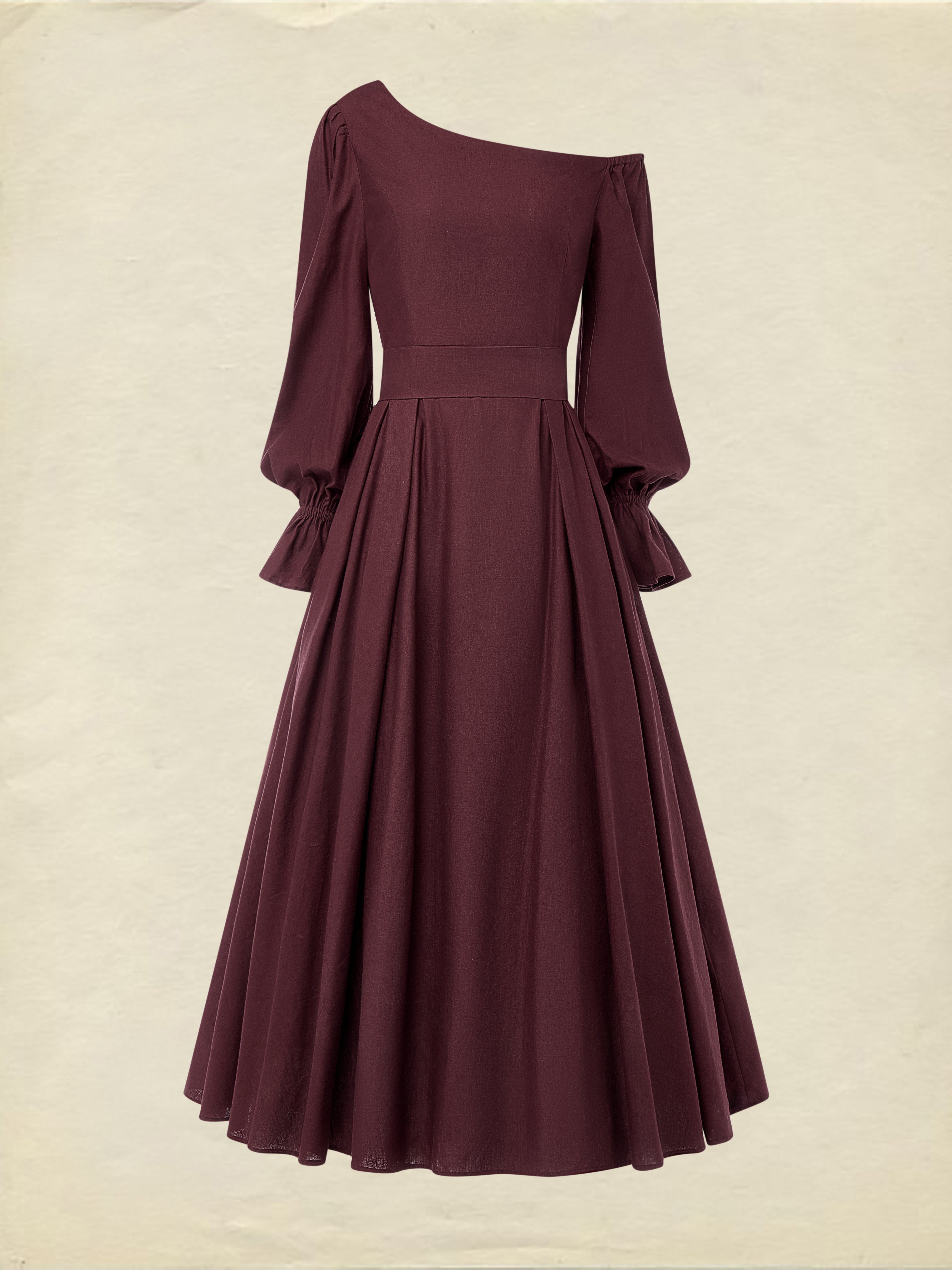 Midi Cotton Dress, Long Sleeves, One Shoulder, Plain, Belt Design, French Vintage, CAMEO BROWN - CAMEO BROWN