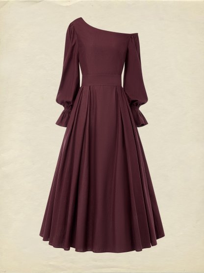 Midi Cotton Dress, Long Sleeves, One Shoulder, Plain, Belt Design, French Vintage, CAMEO BROWN - CAMEO BROWN
