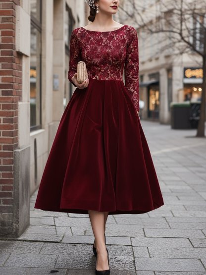 Midi Cotton Dress, Long Sleeves, Round Neck, Floral, Lace, Vintage, Red - Red
