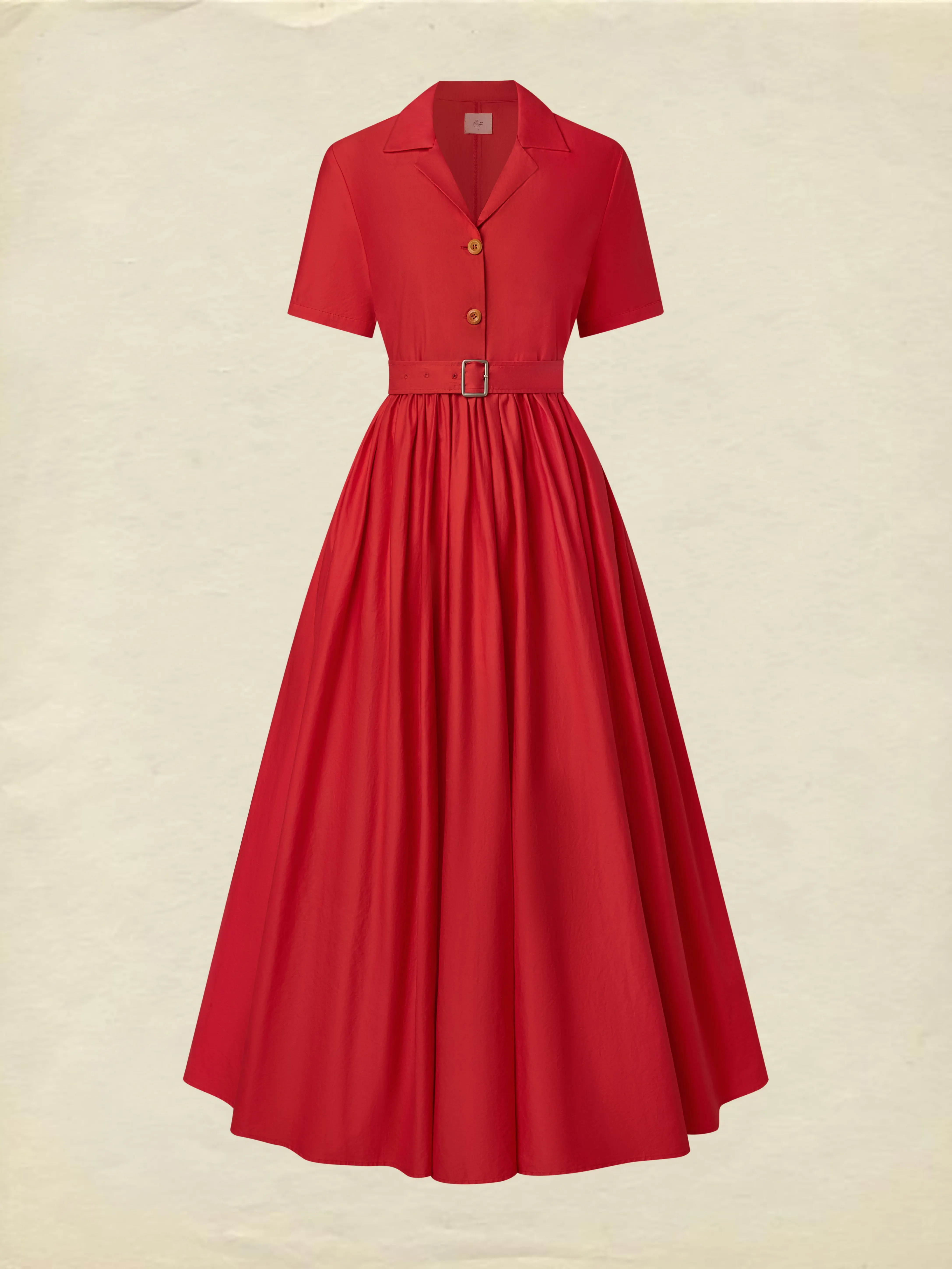 Cotton Maxi Dress, Plain, Pocket Stitching, Shawl Collar, Linen Blended, Belt, Vintage, Short Sleeves, Red - Wine Red