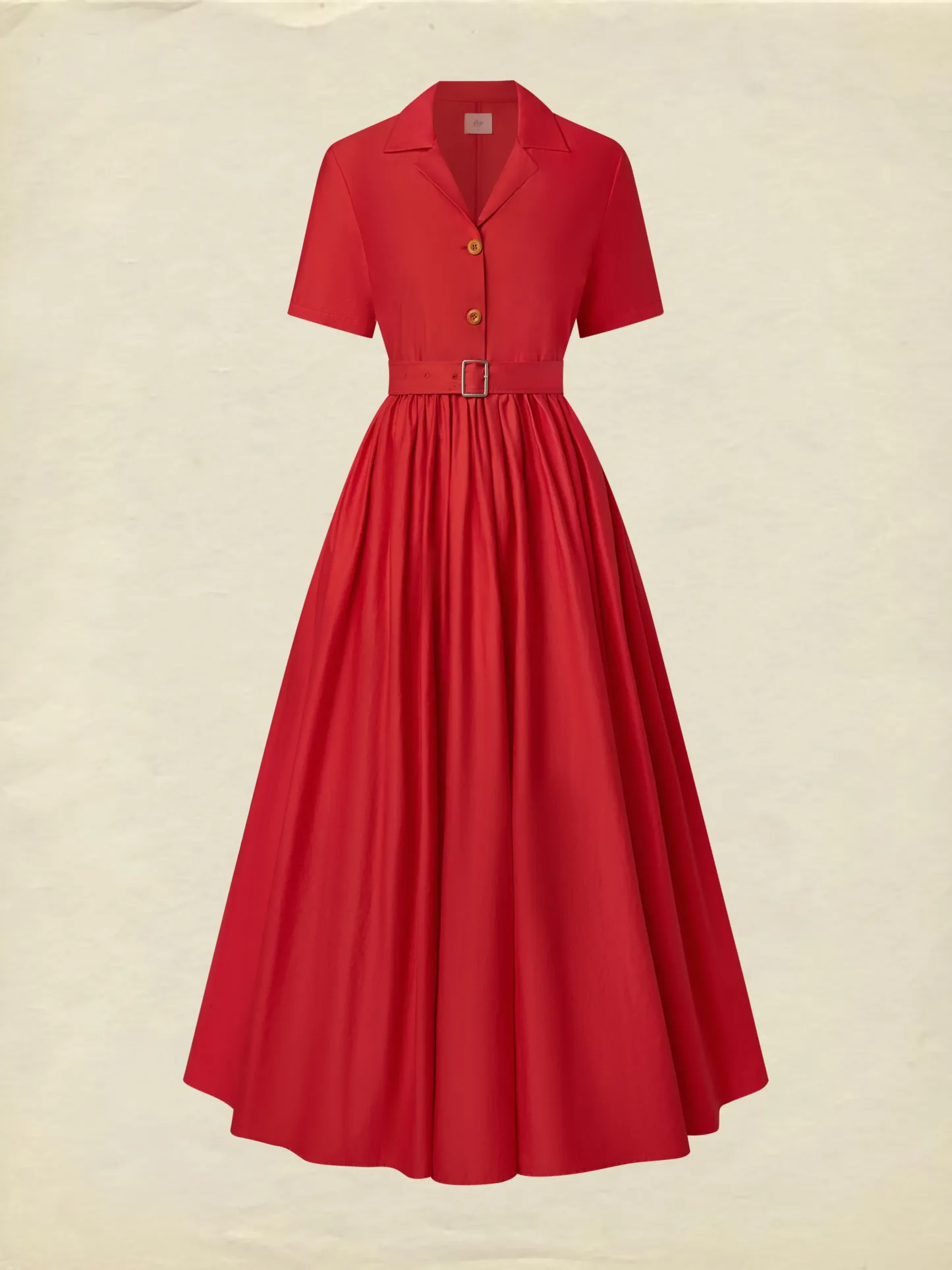 Cotton Maxi Dress, Plain, Pocket Stitching, Shawl Collar, Linen Blended, Belt, Vintage, Short Sleeves, Red - Wine Red