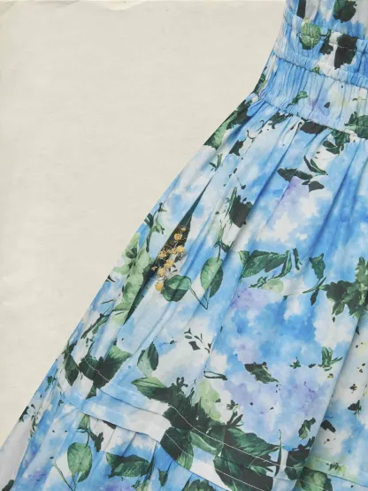 Maxi Cotton Dress, Short Sleeves, V Neck, Floral, Vintage, Blue - Blue