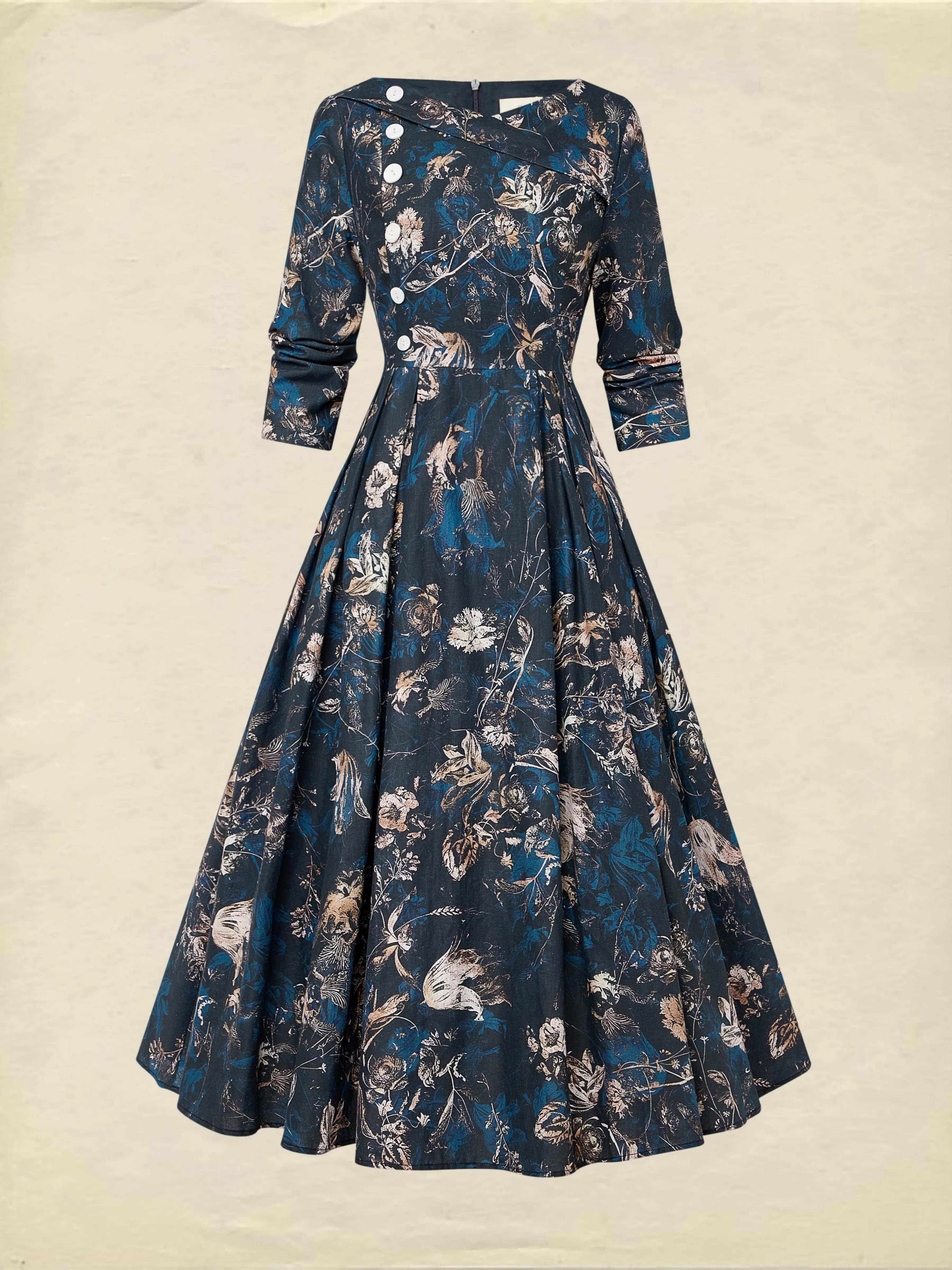 Midi Linen Dress, Long Sleeves, V Neck, Floral, Button Design, Vintage, Deep Blue - Deep Blue