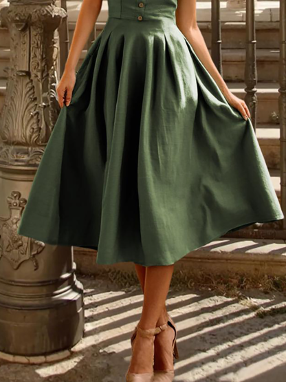 Linen Midi Dress, Short Sleeve, Plain, Vintage, Green - Green