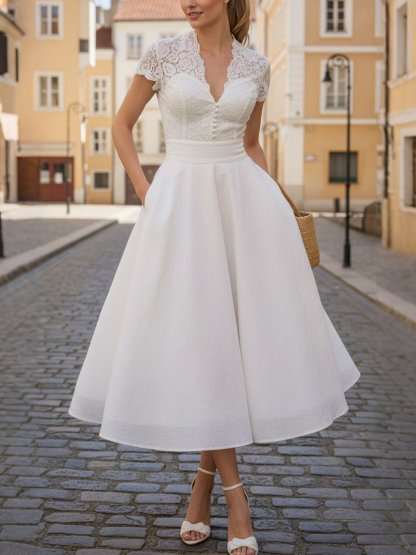 Midi Cotton Dress, Short Sleeves, Plain, Lace, Vacation, Vintage, White - White