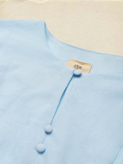 Midi Linen Dress, Crew Collar, Cap Sleeve,  Button Down, Cottagecore, Linen Blend, Blue - Blue