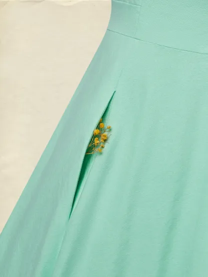 Maxi Cotton Dress , Cap Sleeves, Shawl Collar, Plain, Button Design, Vintage,  Light Green - Lightgreen