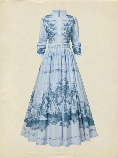 Maxi Cotton Dress, Long Sleeves, Stand Collar, Floral, Pocket Design, Vintage, Blue - Blue