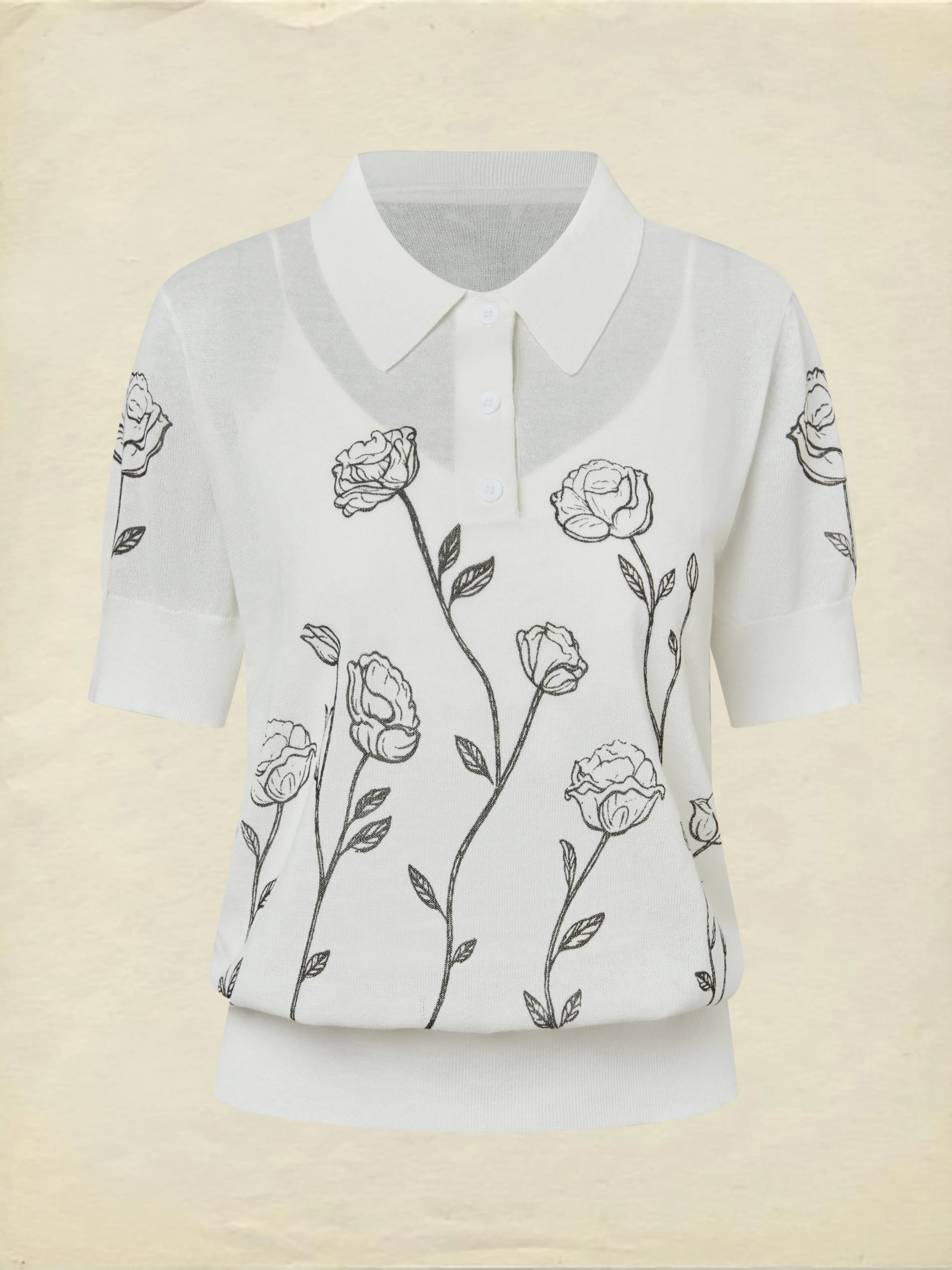 Sweater, Short Sleeves, Shawl Collar, Floral, Button Design, Inner Vest Not Included, White - White