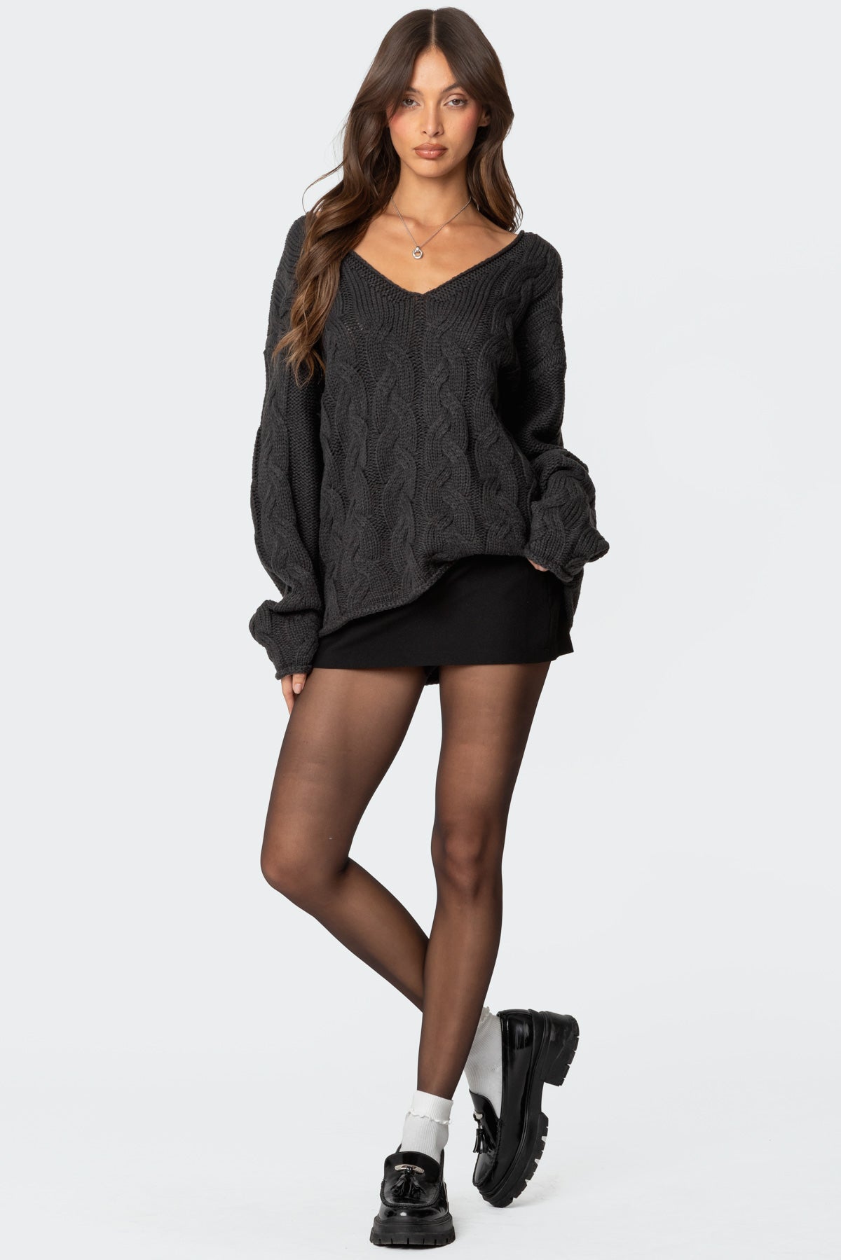 Inga Oversized Cable Knit Sweater - DARK GRAY
