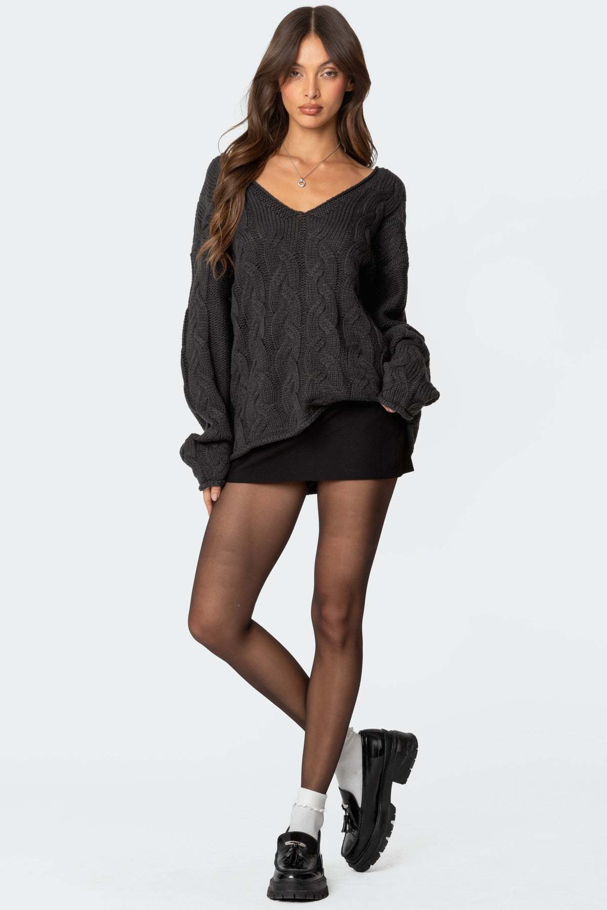 Inga Oversized Cable Knit Sweater - DARK GRAY