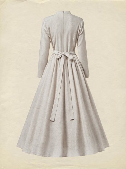 Maxi Linen Dress, Long Sleeve, Stand Collar, Linen Blend, Plain, Vintage, Apricot - Apricot