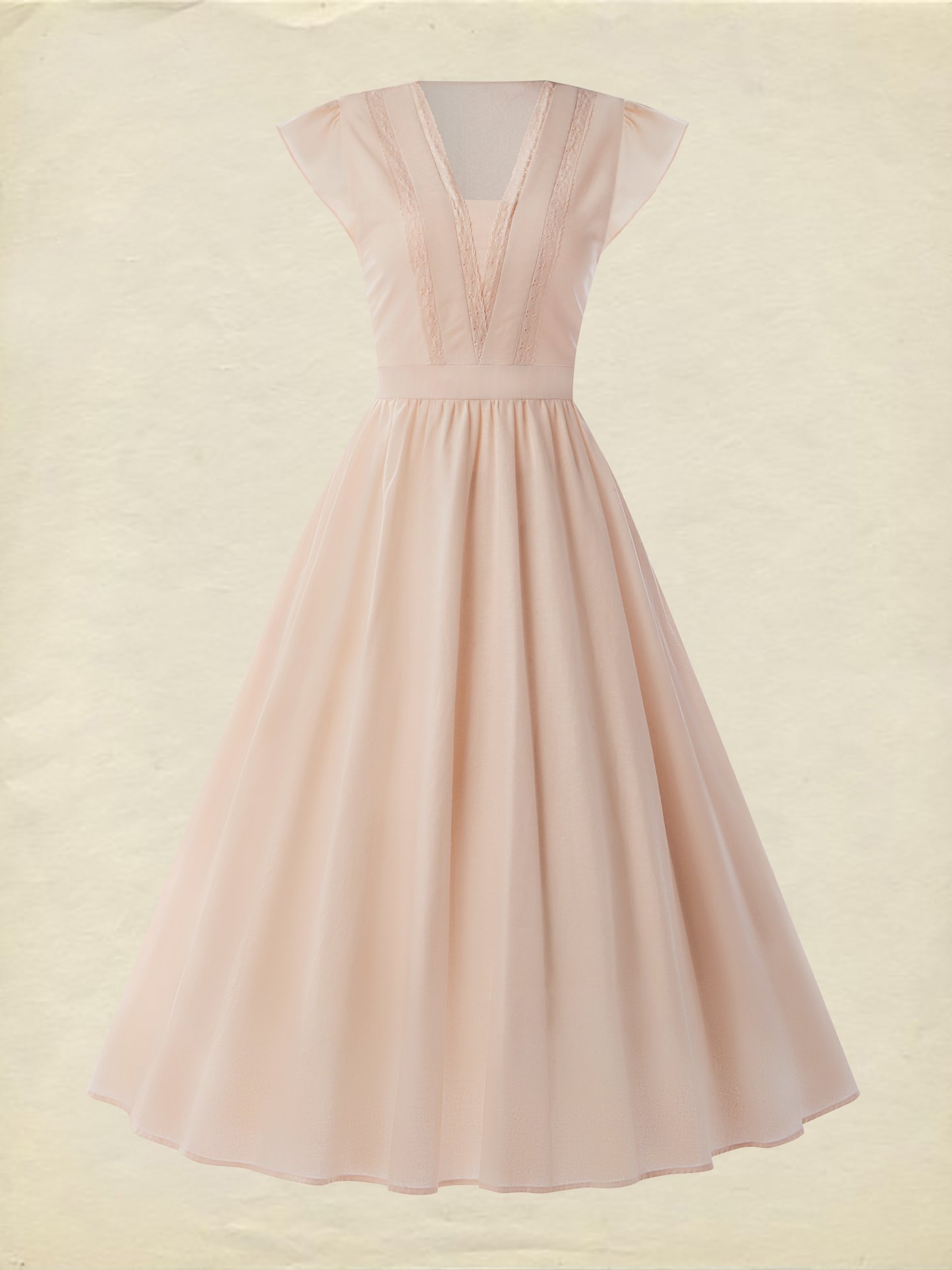 Linen Midi Dress, Short Sleeve, Lace Collar, Plain, Vintage, Light Pink - Light Pink