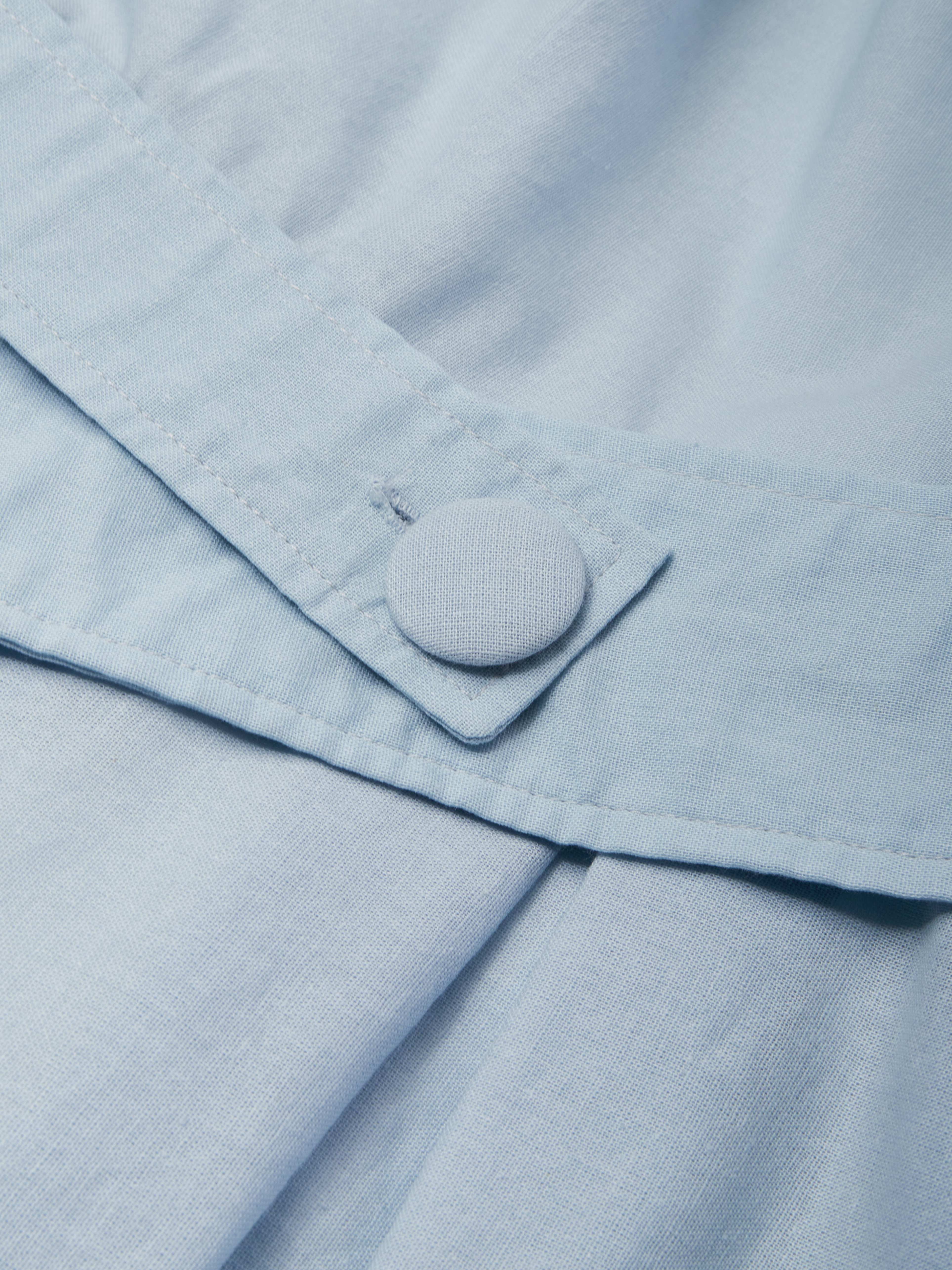 Midi Cotton Dress , Long Sleeves, Off Shoulder, Plain, Belt Design, French Vintage, Sky Blue - Sky Blue